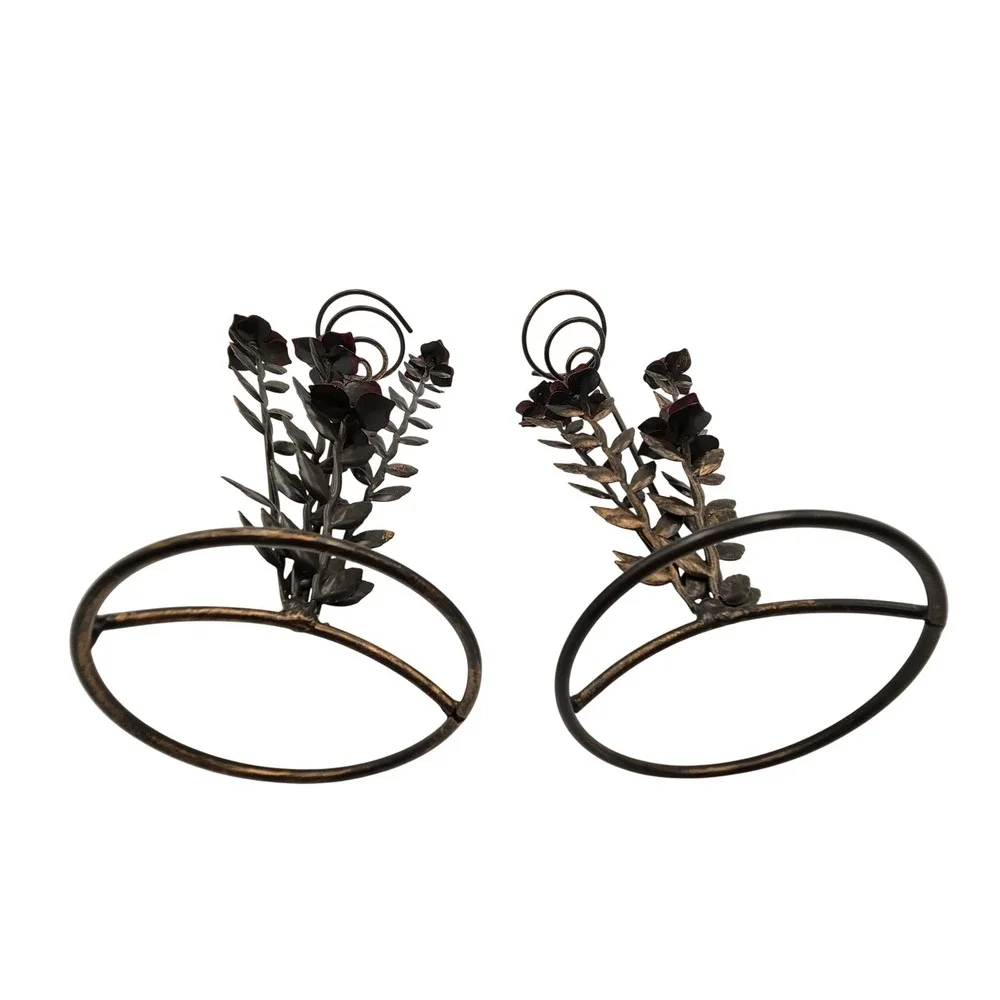 Pair Vtg Metal Rose Flower Votive Candle Holders Spiral Wire Tower Romantic Goth